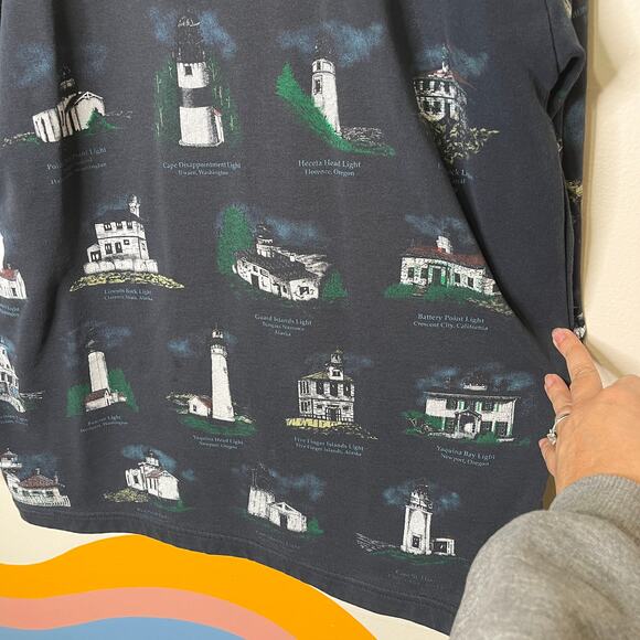 Vintage Lighthouse Cardigan Sweater Womens XL Navy Blue Button Grandmacore - Picture 12 of 13